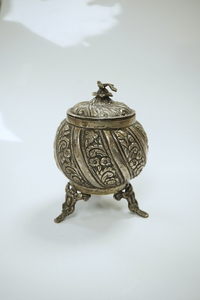 A group of mostly plated wares including a dish stand and grape shears, a white metal box and cover, a Niello decorated white metal napkin ring, a Dutch fork and spoon, and a mesh purse. Condition - fair.